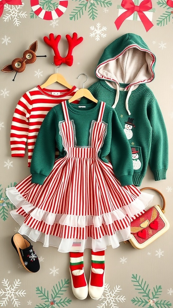 A variety of kawaii Christmas outfits and accessories displayed on a festive background.